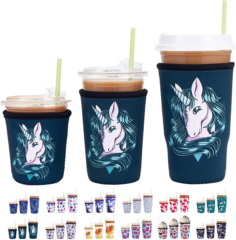 Photo 1 of 3 Pack Reusable Neoprene Insulator Iced Coffee Cup Sleeve, (Unicorn-S/M/L)