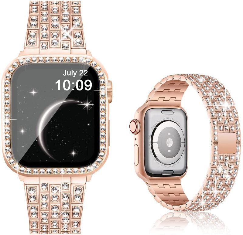 Photo 1 of OMIU Compatible with Apple Watch Band 42mm + Case, Women Jewelry Bling Diamond Metal Wristband with Rhinestone Bumper Frame Screen Protector Cover for iWatch Series 3/2/1(42mm, Rose Gold)