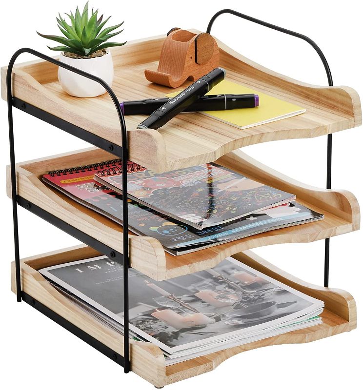 Photo 1 of Cedilis 3-Tier Desk Document Tray, Wood Office Desktop File Tray Organizer with Metal Frame, Vintage Paper Letter Tray Holder, Farmhouse Desk Organizer for Book Magazine 