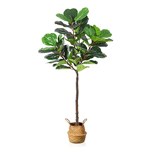 Photo 1 of Artificial Fiddle Leaf Fig Tree 6 Feet Tall Fake Plants 41 Leaves Faux Ficus Lyrata Tree in Pot, Come with Woven Seagrass Belly Basket Floor Pl
