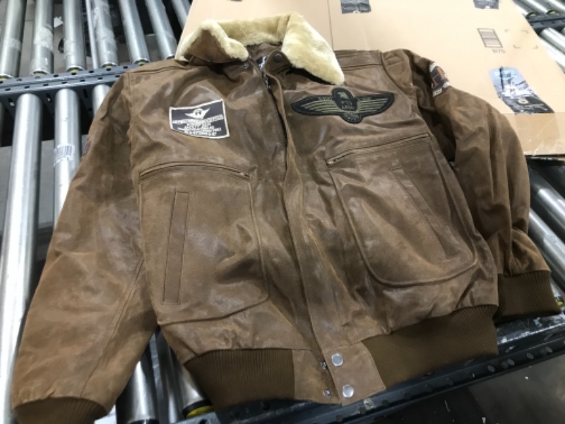Photo 2 of FLAVOR Men's Real Leather Bomber Jacket with Removable Fur Collar Aviator SIZE Large Brown