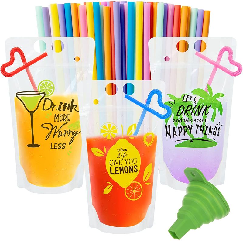 Photo 1 of 90 Pcs Drink Pouches for Adults, Clear Patterned Juice Pouches for Adults Bags, Reusable Drink Bags for Cold & Hot Drinks with 90 Straws One Funnel(3 Patterns,30 each)
