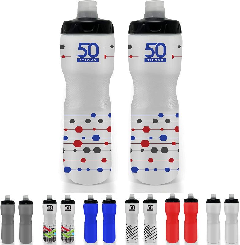 Photo 1 of 50 Strong 28 oz. Sports Squeeze Water Bottle with Premium One-Way Valve Cap - Two Pack of Squirt Bottles - Fits in Most Bike Bottle Holders - Made in USA (Red Blue)