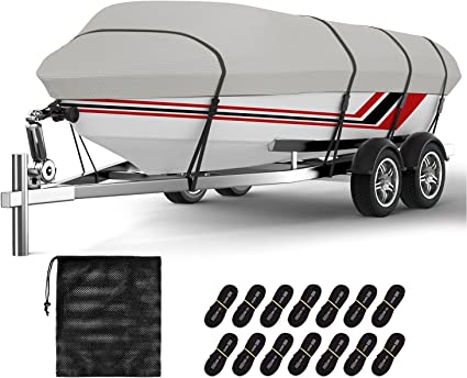 Photo 1 of  Boat Cover Bass Boat Cover, Heavy Duty Boat Covers 100% Waterproof Marine Grade Trailerable Boat Cover with Storage Bag Fits V-Hull Runabout Fishing Boat Bass Boat, Light Grey