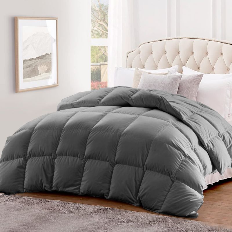 Photo 1 of  Feather Down Comforter King Size,Fluffy Hotel Collection Duvet Insert Medium Warmth for All Season,100% Soft Cotton Shell with Corner Tabs, Dark Grey(106x90inches)