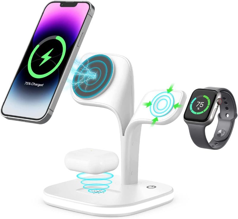 Photo 1 of Magnetic Charging Station, EXW 5 in 1 Faster Mag-Safe Wireless Charger Stand for iPhone 14,13,12 Pro/Max/Mini/Plus, Apple Watch 8/7/6/SE/5/4/3/2 and Airpods 3/2/Pro/Pro 2 with LED and Adapter (White)