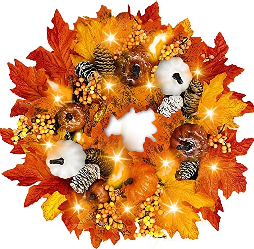 Photo 1 of 18 Inch Fall Wreath with 20 Led Timer Battery Operated Pumpkins Pinecones Berries Artificial Maple Leaves Wreath for Front Door Fall Thanksgiving Decorations Indoor Outdoor Halloween (Fall Orange)
