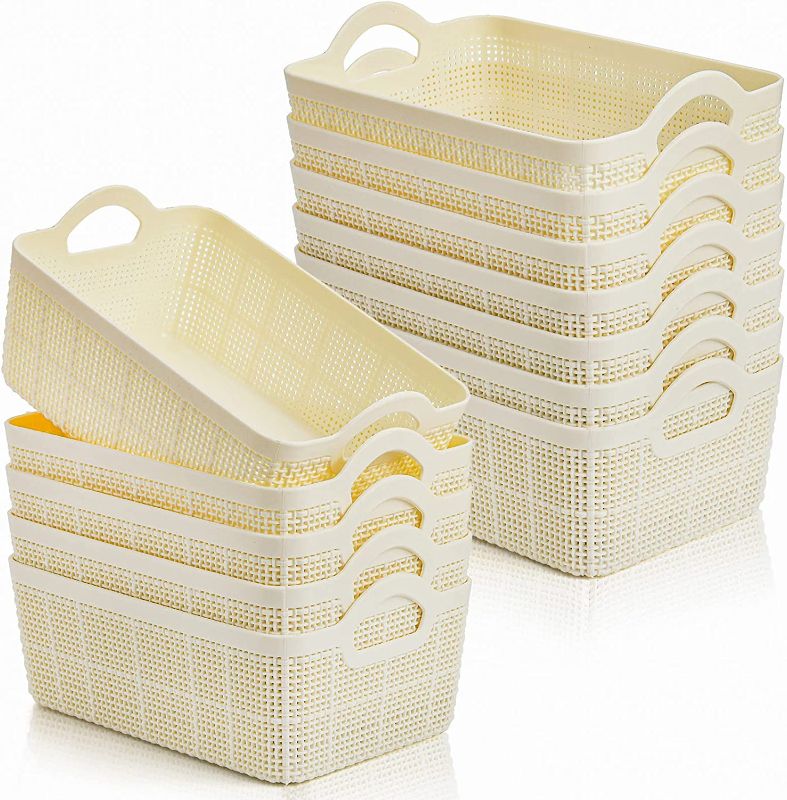 Photo 1 of ZOOFOX 12 Pack Small Plastic Storage Basket, 7" L x 5" W x 3" H Weave Organizer Bins With Handle, Stackable Storage Bins for Drawers, Shelves, Closet, Countertop and Office
