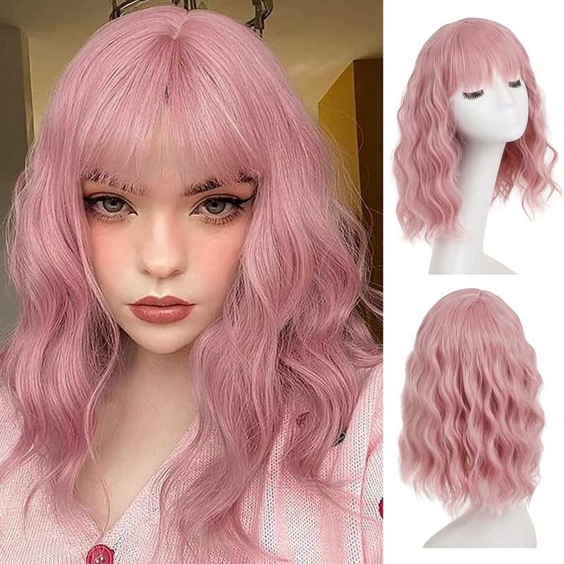 Photo 1 of Swetcurly Purple Pink Wavy Wig With Bangs for Women Synthetic Short Bob Wigs Curly Wavy Pastel Bob Cosplay Wig for Girls Daily Use Colorful Wigs 12 inch Purple Pink
