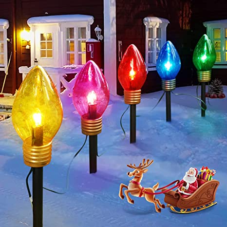 Photo 1 of 2 Pack Christmas Lights Jumbo C9 Outdoor Lawn Decorations with Pathway Marker Stakes, 8.5Ft C7 Lights Covered Jumbo Glitter Multicolor Bulb for Holiday Outside Yard Garden Decor, 5 Lights