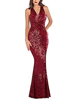 Photo 1 of A ARFAR Women Wedding Sequin Dress Sexy V-Neck Mermaid Dress Ladies Formal Dresses Sleeveless Summer Maxi Long Dress Women Club Night Out Party Dress Vintage Elegant Wine Burgundy S 