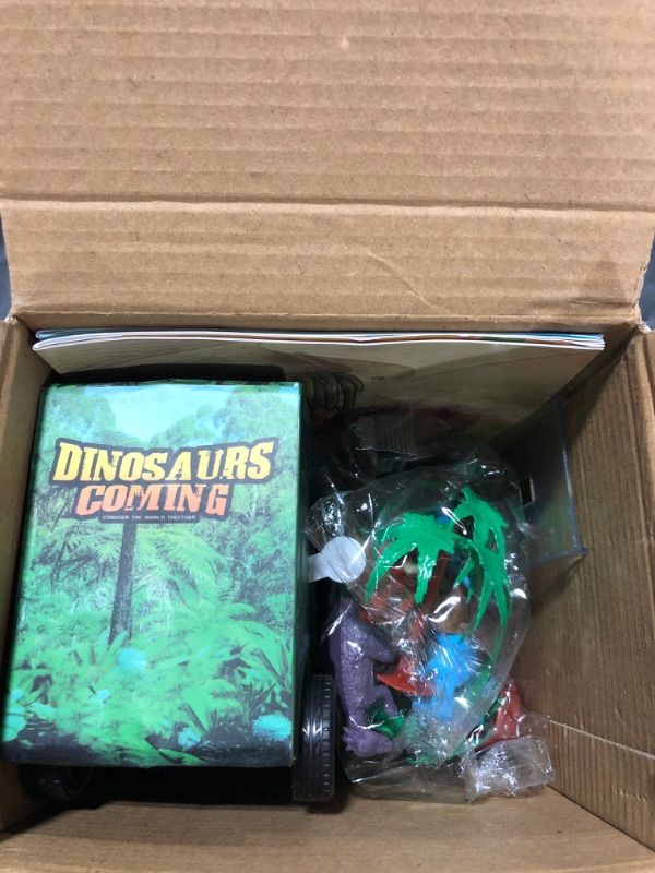 Photo 2 of BLUEJAY 21 Pack Dinosaur Toys for Kids 3-7, Dinosaur Truck with Oversized Dinosaur Map, Flashing Lights, Music and Roaring Sound, Kids Toys with 6 Pull Back Dinosaur Cars, 6 Dinosaur Toys (Green)