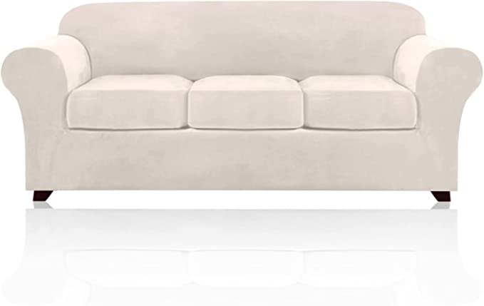 Photo 1 of 4 Pieces Sofa Covers Stretch Velvet Couch Covers for 3 Cushion Sofa Slipcovers Soft Sofa Slip Covers Furniture Covers with 3 Individual Seat Cushion Covers, Machine Washable (Large, Ivory)
