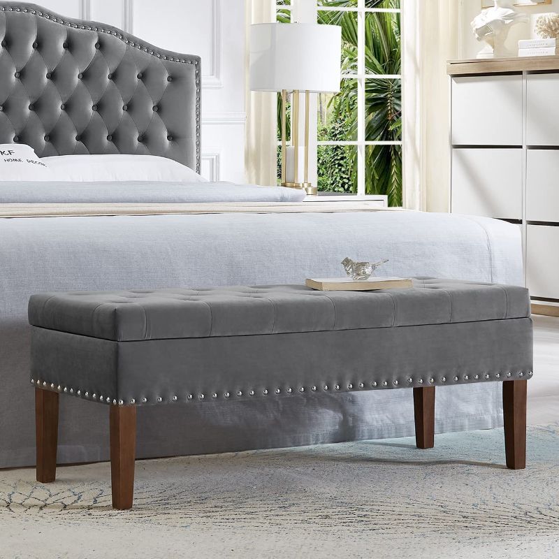 Photo 1 of 24KF Velvet Modern Upholstered Tufted Button Storage Bench with Studded Nails for Living Room 5076 - GRAY Storage Bench Black Bench