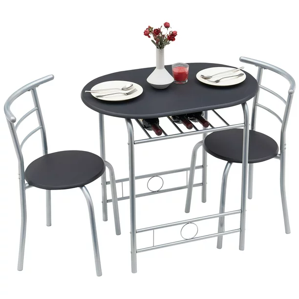 Photo 1 of 3-Piece Wooden Round Table & Chair Set for Compact Space w/Steel Frame, Built-in Wine Rack?31.5"Lx21"Wx29.9"T?Black
