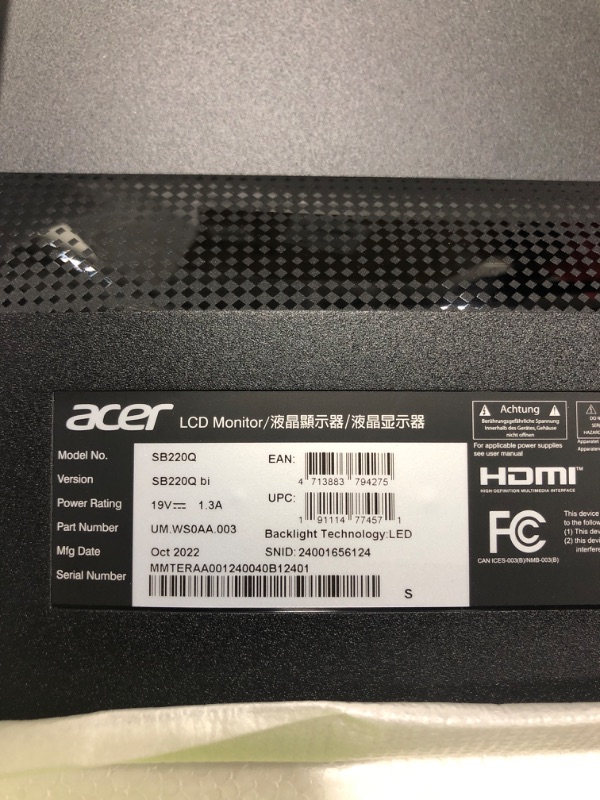 Photo 4 of Acer 21.5 Inch Full HD (1920 x 1080) IPS Ultra-Thin Zero Frame Computer Monitor (HDMI & VGA Port), SB220Q 