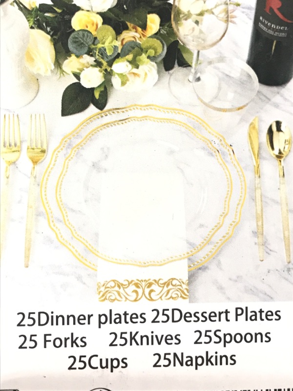 Photo 1 of 25 DINNER PLATES, 25 DESERT PLATES, 25 FORKS, 25 KNIVES, 25 SPOONS, 25 CUPS, 25 NAPKINS 