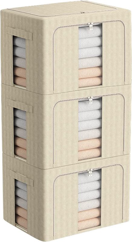 Photo 1 of 3 Pack Clothes Storage Bins Stackable Large Capacity Metal Frame Storage Box Large Capacity Foldable Oxford Fabric Clothes Container Organizer with Clear Window (Extra Large-100L, Beige)
