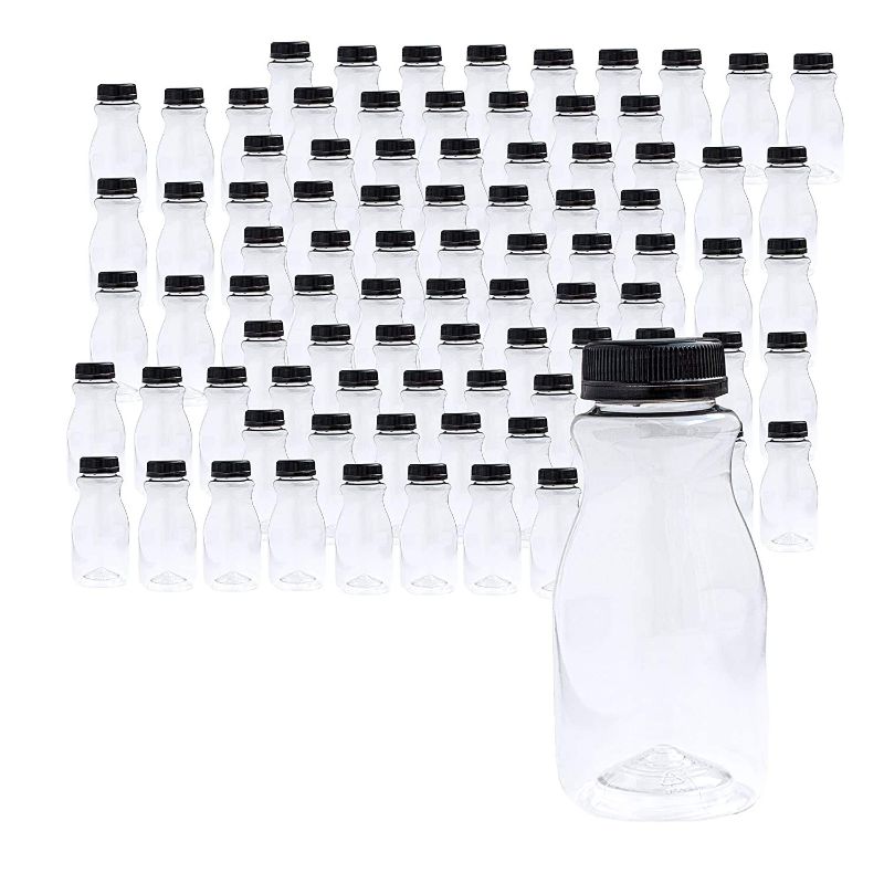 Photo 1 of 96 Pk Empty PET Plastic Juice Bottles - 8 oz Reusable Clear Disposable Milk Bulk Containers with Tamper Evident Caps (PET Carafe)