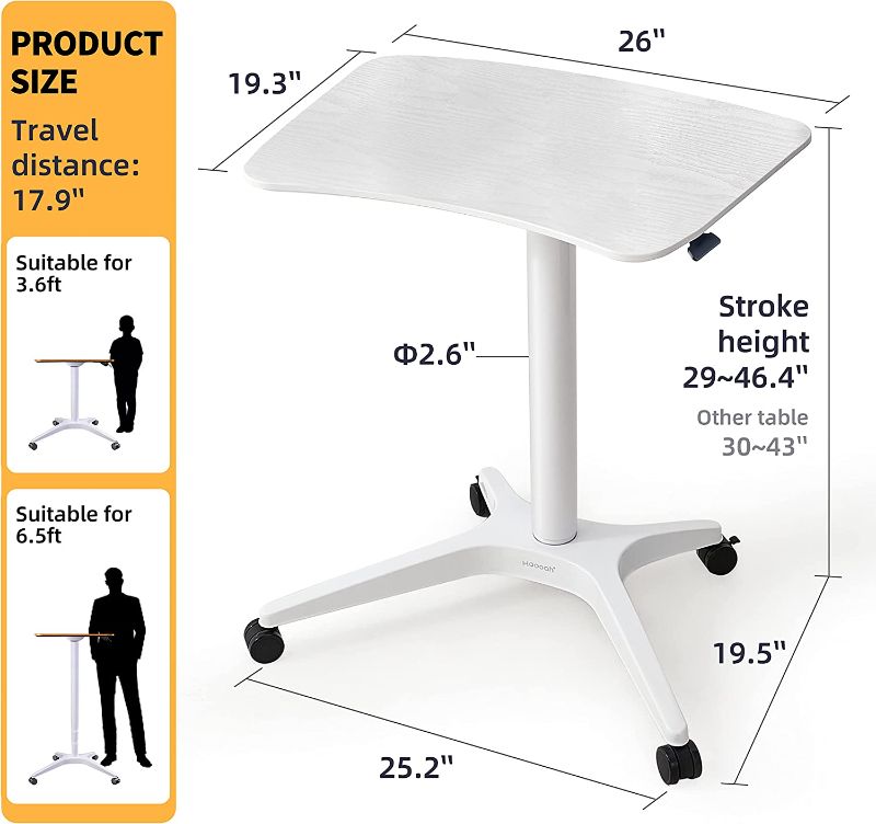 Photo 1 of HAOOAH 47" Mobile Standing Desk(26" W*19.3" D), Adjustable Height Laptop Desk, Pneumatic Desk with Gas Spring Riser, Podium for Home, Office?Classroom?Medical, (29" to 46.9" H) (White)
