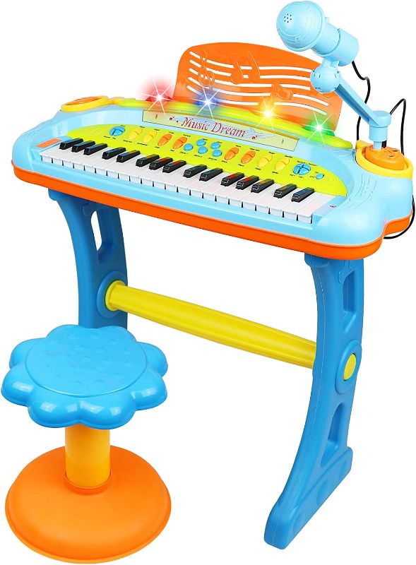 Photo 1 of Electronic 37-Key Toy Piano Keyboard for Kids with Real Working Microphone, Colorful Lights and Stool
