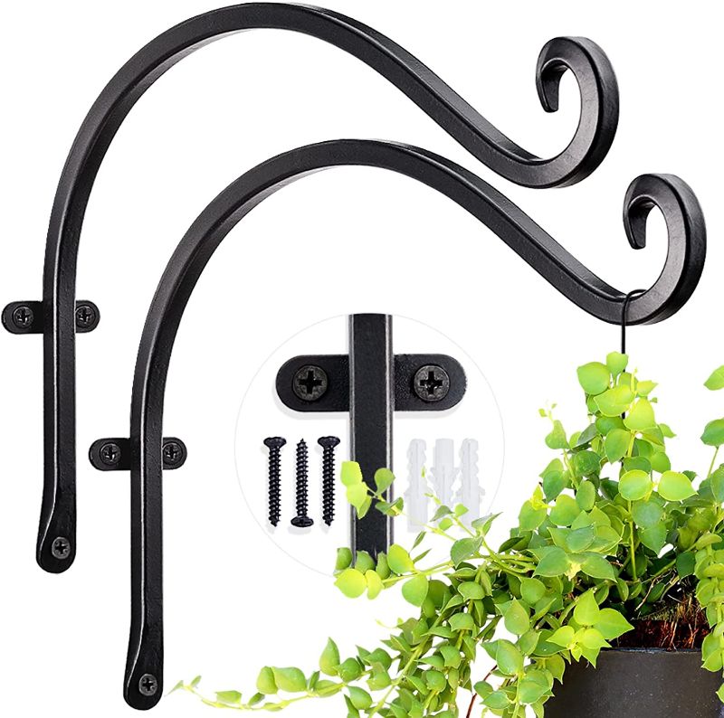 Photo 1 of  Hanging Plant Hanger Outdoor: 12-Inch Bird Feeder Wall Hooks - Black Metal Plant Bracket Hook for Hanging Flower Baskets
