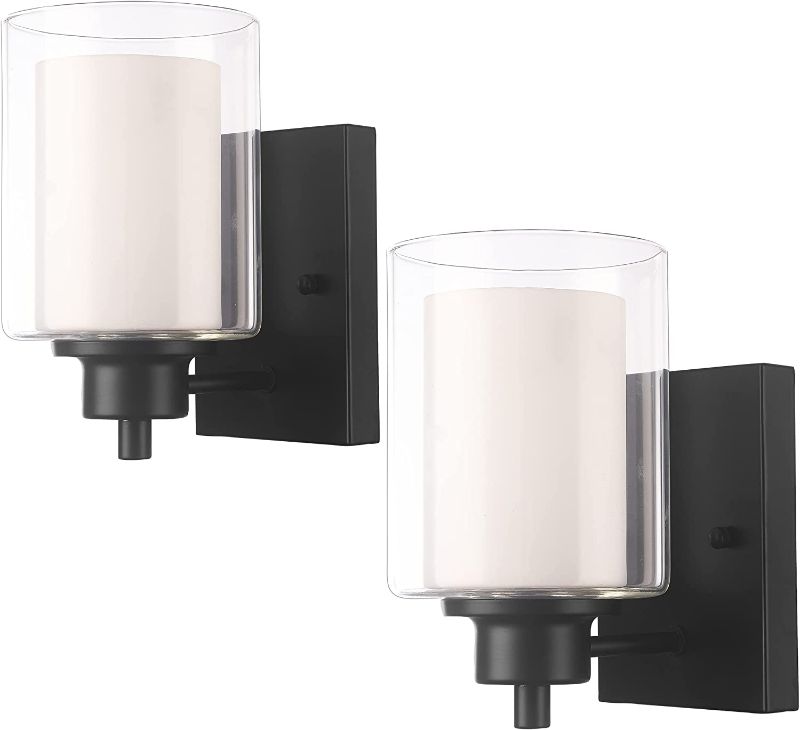 Photo 1 of 2 Pack Bath Vanity Light Fixtures 1-light, Indoor Black Wall Light with Dual Glass Shade, Farmhouse Bathroom Wall Scone, Vintage E26 Bese Wall mount Lighting for Porch Bedroom Entryway Stairs
