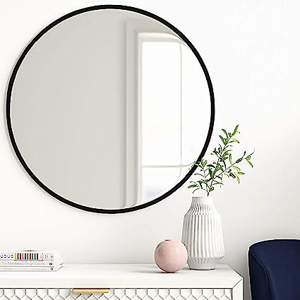 Photo 1 of Growsun 30 inch Wall Round Mirror, Large Wall Mounted Circle Mirror Black Metal Frame for Bathroom, Entry, Dining Room, & Living Room