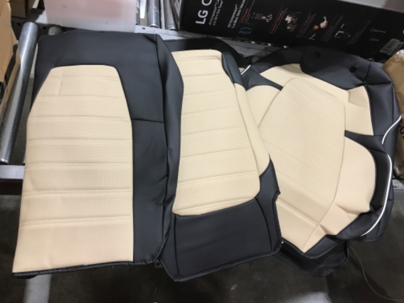 Photo 2 of  Leather Car Seat Covers Full Set 5 Seats Faux Leatherette Automotive Seat Covers Universal Fit for Most Sedan SUV Truck Waterproof Vehicle Cushion Cover Protector (No Pillows, Beige)