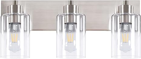 Photo 1 of 3-Light Bathroom Vanity Light Fixtures, Modern Indoor Wall Sconce, Bathroom Lights Over Mirror, Wall Mount Lighting Lamps for Hallway Laundry, Brushed Nickel Finish with Clear Glass Shade, KW-7301-3…