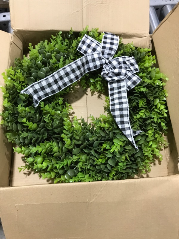 Photo 2 of 20" Faux Round Boxwood Wreath, Vlorart Artificial Boxwood Wreath Front Door Wreaths Artificial Spring Summer Greenery Hanging with A Plaid Bow for Front Door Wall Hanging Window Wedding Party Decor