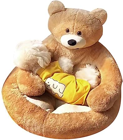 Photo 1 of Cute Bear Hug Design Dog Cat Beds Plush Pet Beds Cuddler, Warm Soft Calming Dog Beds with Removable Washable Cover Non-Slip Bottom (Diameter 22 in, Khaki)
