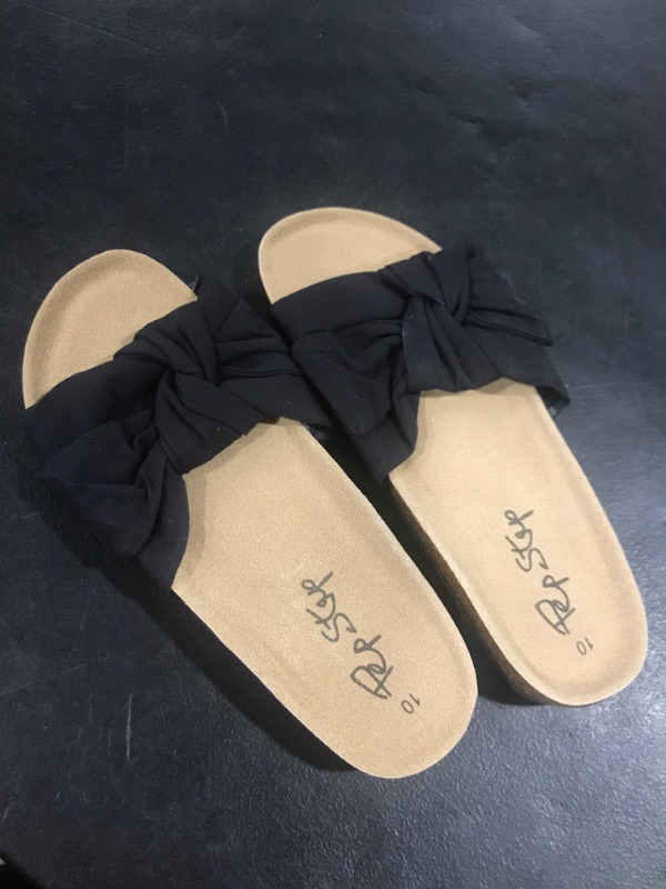 Photo 2 of PepStep Slide Sandals for Women or Ladies Dressy Summer Casual, Cute Bow Tie Knot On Top Strap, Comfy Slip On Cork Foot Bed, Flat Low Wedge Platform Slides for Beach or Pool 6 Black