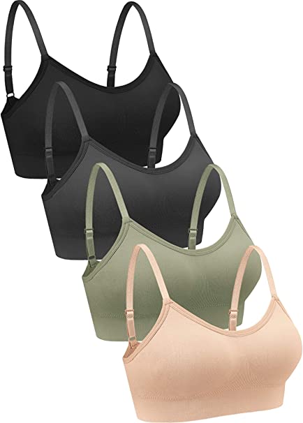 Photo 1 of 4 Pieces Neck Bralettes Wireless Cami Bra Tank Top Bra Sports Bra for Women Girls (Black, Brown, Army Green, White,Small)
