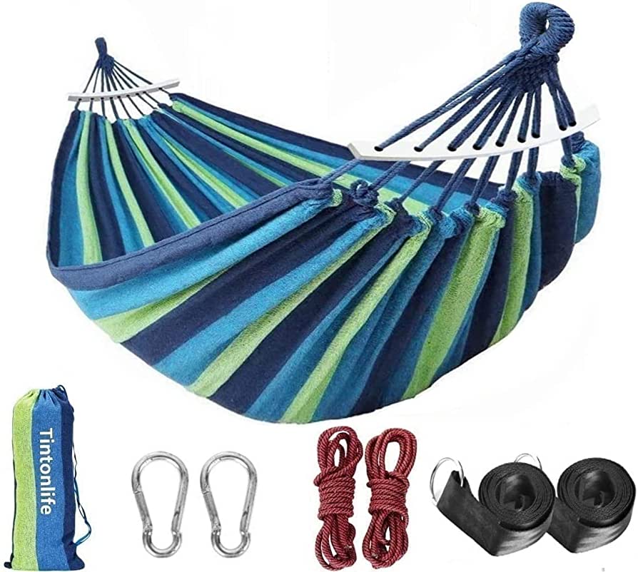 Photo 1 of Tintonlife Brazilian Double Hammock 2 Person Canvas Cotton Hammock with Carrying Bag for Patio Porch Garden Backyard Lounging Outdoor/ Indoor Green Stripe Hammock