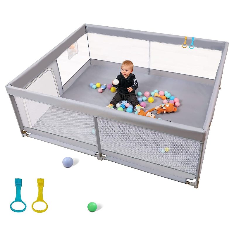 Photo 1 of Baby Playpen Palopalo 71''x59'' Playard for Babies and Toddlers Extra Large Play Pen Baby Activity Center Mesh Baby Fence Infants Sturdy Safety Area All Wrapped Cushion & Anti-Slip Base, Gray
