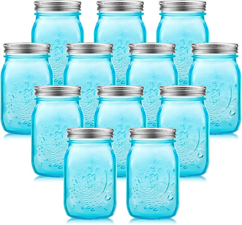 Photo 1 of 12 Pieces 32 oz Colored Mason Jars Glass Mason Jars with Lids Glass Wide Mouth Canning Jar Mason Jars NOT Allowed Dishwasher (Light Blue) 