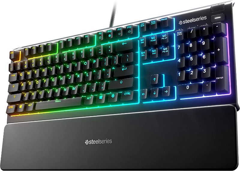 Photo 1 of SteelSeries Apex 3 RGB Gaming Keyboard – 10-Zone RGB Illumination – IP32 Water Resistant – Premium Magnetic Wrist Rest (Whisper Quiet Gaming Switch)
