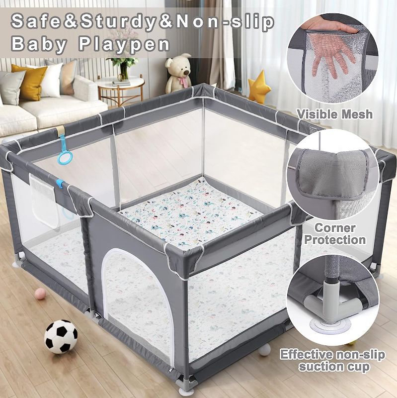 Photo 1 of Baby Playpen with Mat,Play Pen for Babies and Toddlers,Baby Play Yards No Gaps, Playpen with Gate, Indoor & Outdoor Kids Activity Center, Safety Baby Fence(Grey, 50"x50")
