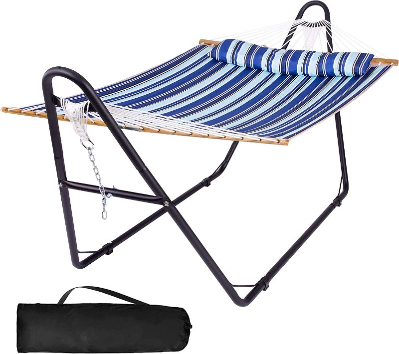 Photo 1 of SUNCREAT Double Hammock with Stand Included, Two Person Freestanding Hammock for Outside, Blue Stripes
