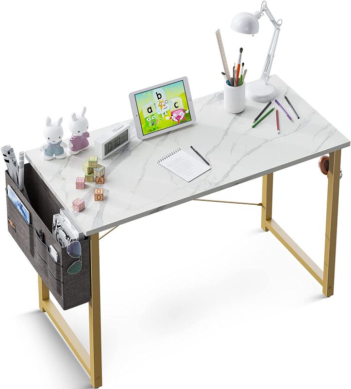 Photo 1 of ODK Computer Writing Desk 31 inch, Sturdy Home Office Table, Work Desk with A Storage Bag and Headphone Hook, White Marble + Gold Leg
