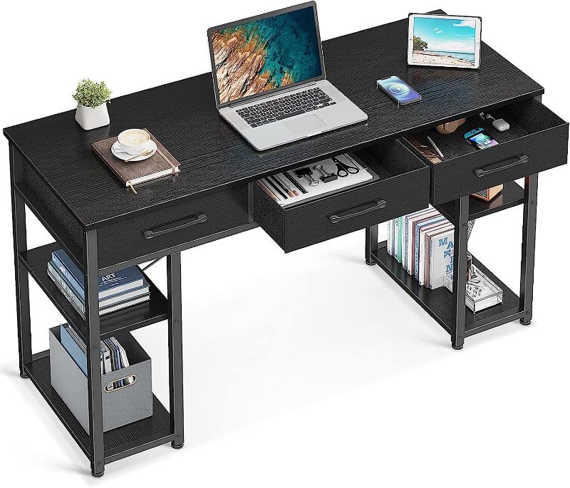 Photo 1 of ODK 47" Small Office Computer Desk: Home Table with Drawers Wood Storage Shelves, Modern Work Writing Desk, Black
