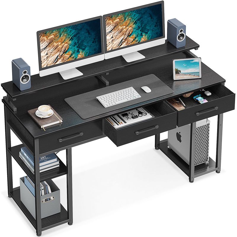 Photo 1 of ODK Computer Desk with Drawers and Storage Shelves, 55 inch Home Office Desk with Monitor Stand, Modern Work Study Writing Table Desk for Small Spaces, Black