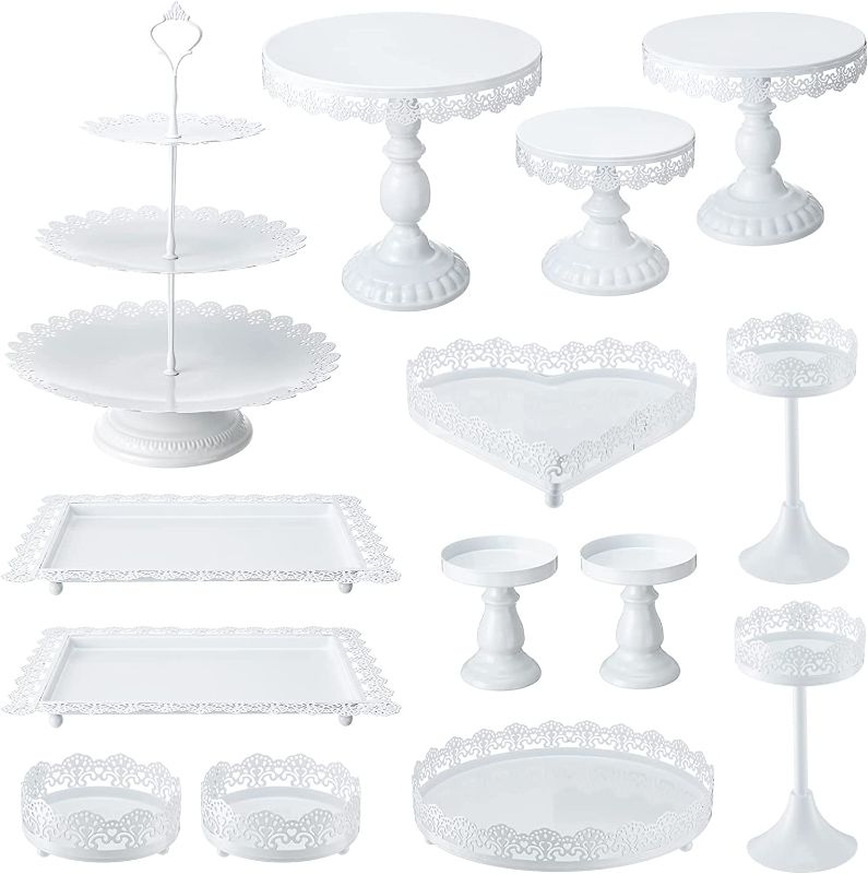 Photo 1 of 14 Pcs Cake Stand Round Cupcake Tower Dessert Table Display Set Metal Cup Cake Tier Stand Antique Cake Plate Candy Table Decorations for Party Dessert Tray for Wedding Birthday Celebration (White