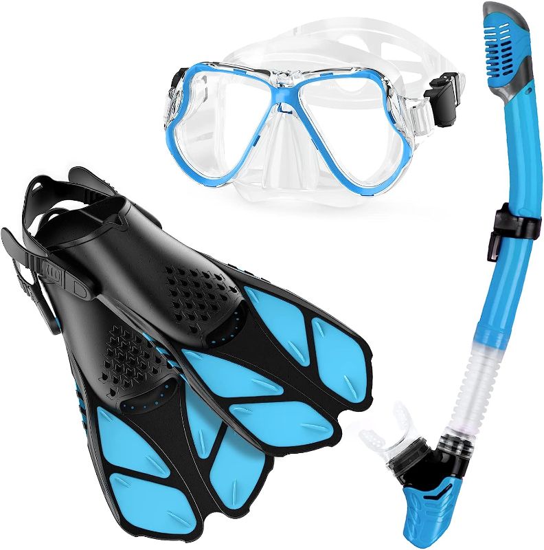 Photo 1 of Zenoplige Mask Fins Snorkel Set Adults Snorkeling Gear, Snorkel Mask 180 Panoramic View Anti-Fog Anti-Leak Dry Top Snorkel and Dive Flippers Kit with Travel Bag for Swimming Scuba Diving Men Women
