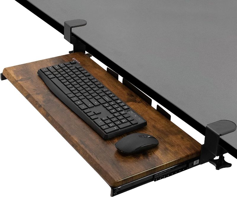 Photo 1 of VIVO Clamp-on Computer Keyboard and Mouse Under Desk Mount Slider Tray, 27 (33 Including Clamps) x 11 inch Pull Out Platform Drawer, Vintage Brown Tray, Black Frame, MOUNT-KB05N 27 inch Vintage Brown