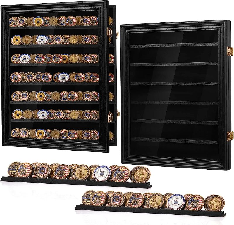 Photo 1 of 2 Pcs Military Coin Display Case Lockable Wood Display Case with Locker Challenge Coin Holder with Acrylic Glass Door for Collectors Rack Shadow Box Case for Wall Hang, desk and Cabinet