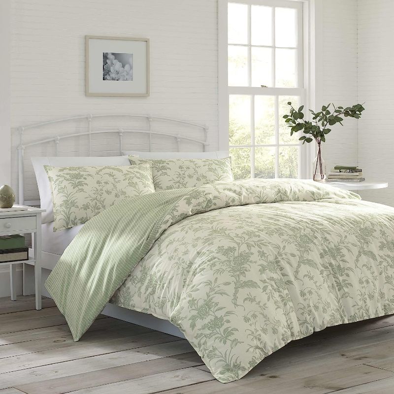 Photo 1 of 106in x 92 in Laura Ashley Home - King Size Comforter Set, Reversible Cotton Bedding, Includes Matching Shams with Bonus Euro Shams & Throw Pillows (Natalie Sage/Off White, King)