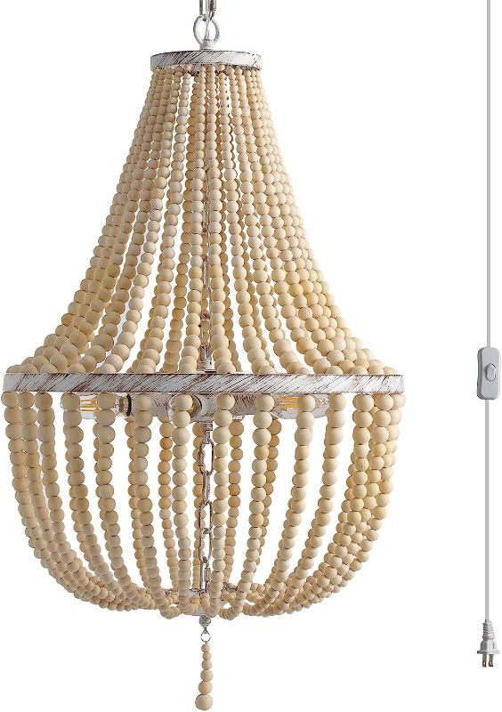 Photo 1 of 6-Light Wood Beaded Bohemian Plug in Chandelier 18-inch Diameter Pendant Light Fixture with 16.4ft Swag Cord,Antique Metal Finish Natural Color Beads,Dining Room,Living Room,Foyer,Bedroom