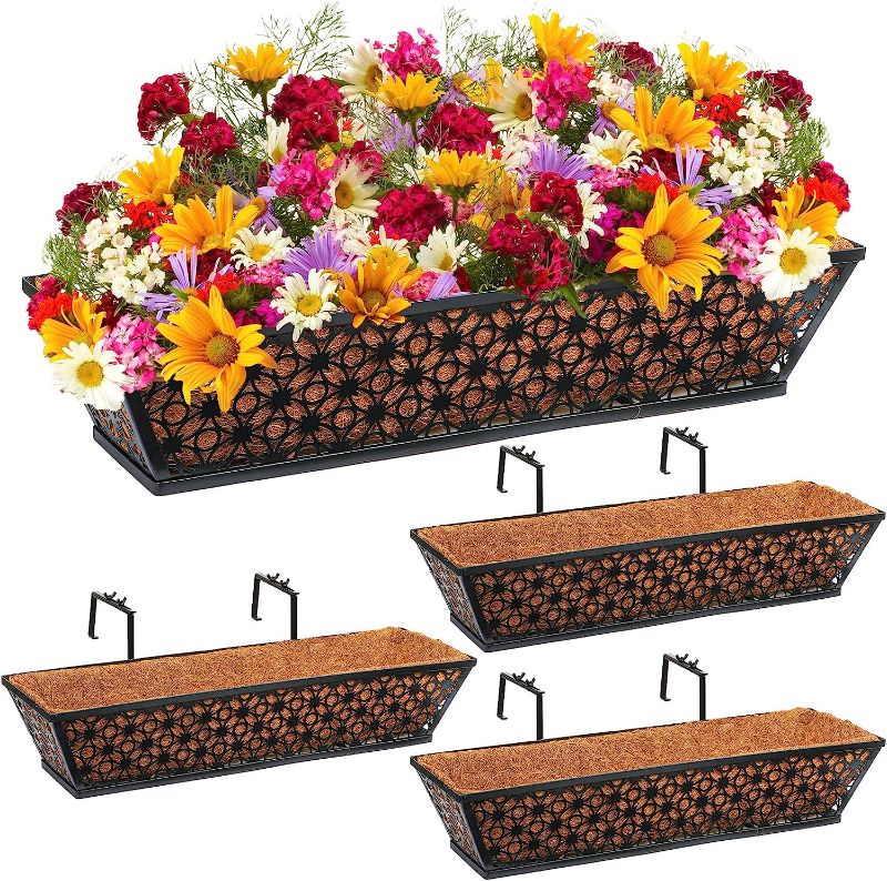 Photo 1 of 4 Pack 24 Inch Railing Planter Window Boxes Planters with Coconut Liner Window Deck Planters Boxes Metal Black Hanging Flower Planter Window Basket for Indoor Outdoor Lawn